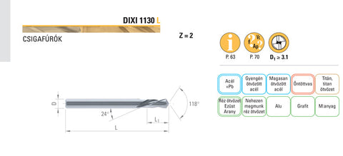 Dixi 1130 R D 5,90 x 21 x 66 keményfém csigafúró